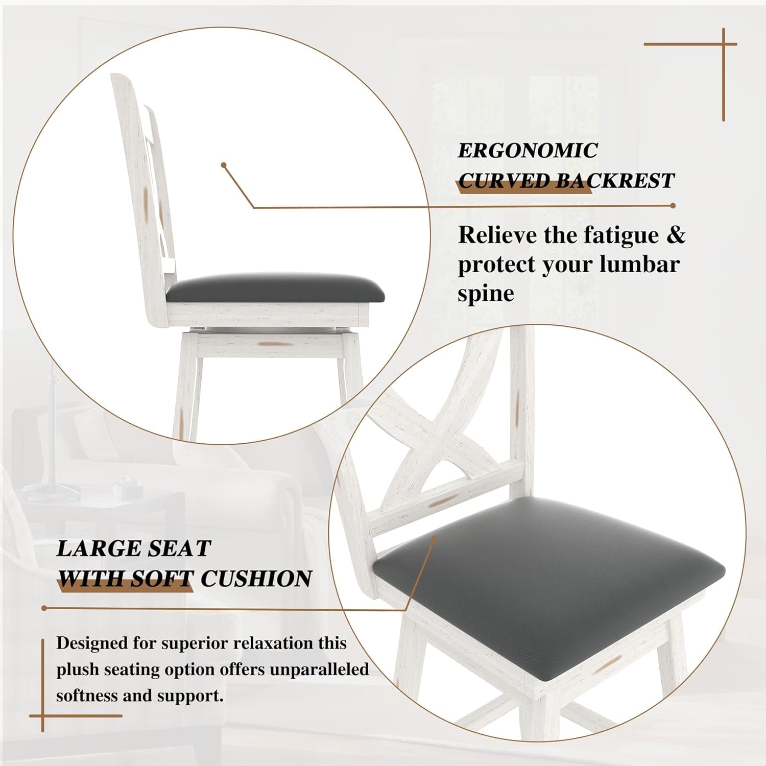 29" Swivel Bar Height Stools, High Back Swivel Bar Stools with Grey Faux Leather Upholstered Seat & Solid Wood Footrest, Counter Bar Chairs for Kitchen Island & Pub (Antique White, Set of 2)-4