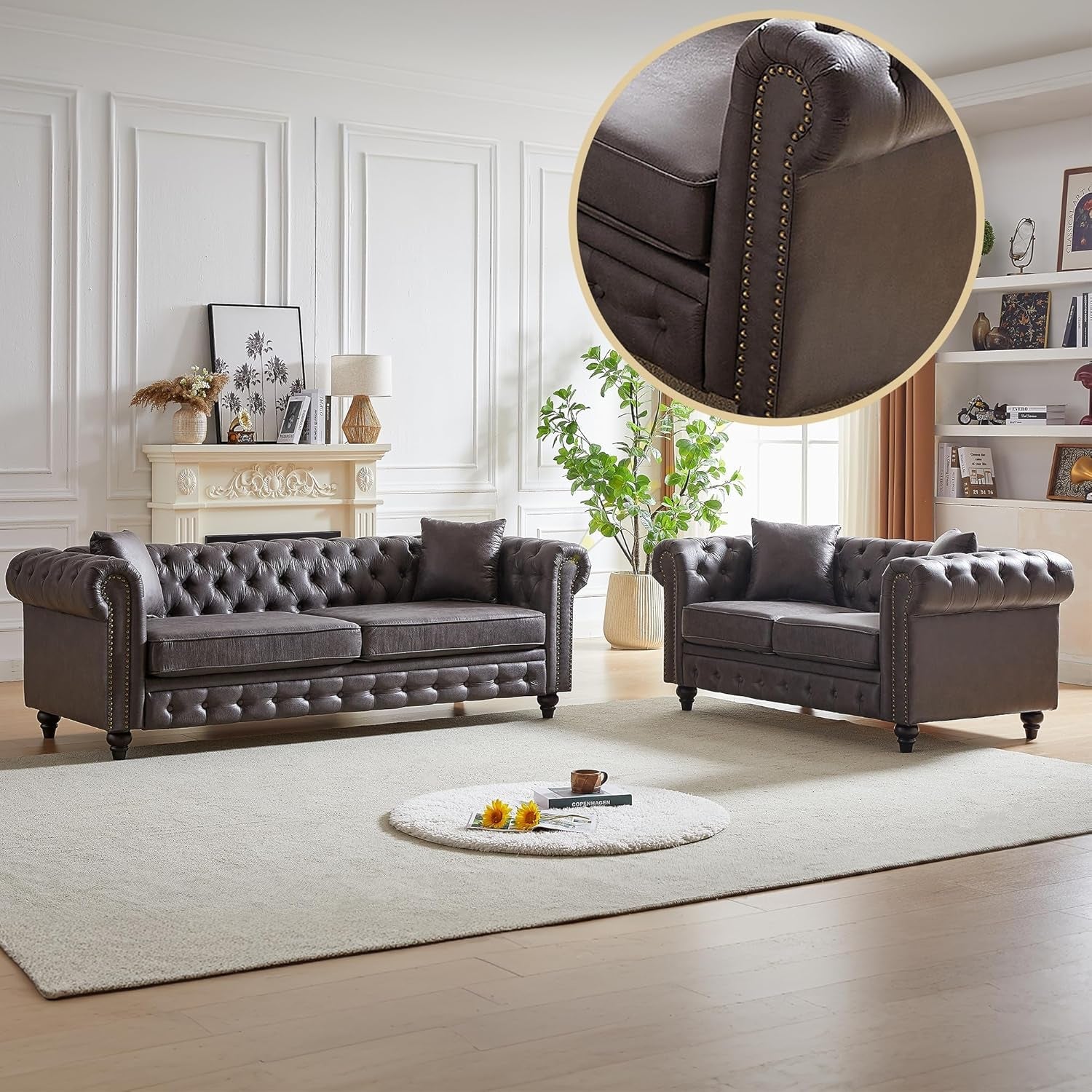2-Piece Tech Fabric Upholstered Living Room Sofa Set, Including 3-Seater Sofa and Loveseat with Button and Copper Nail on Arms, Four Pillows Included, Grey-0