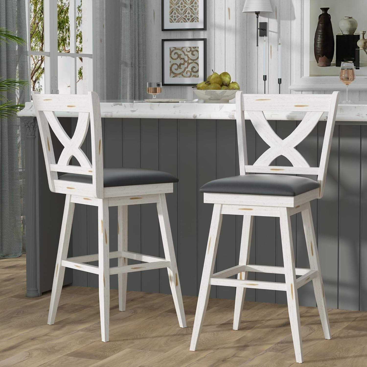 29" Swivel Bar Height Stools, High Back Swivel Bar Stools with Grey Faux Leather Upholstered Seat & Solid Wood Footrest, Counter Bar Chairs for Kitchen Island & Pub (Antique White, Set of 2)-0