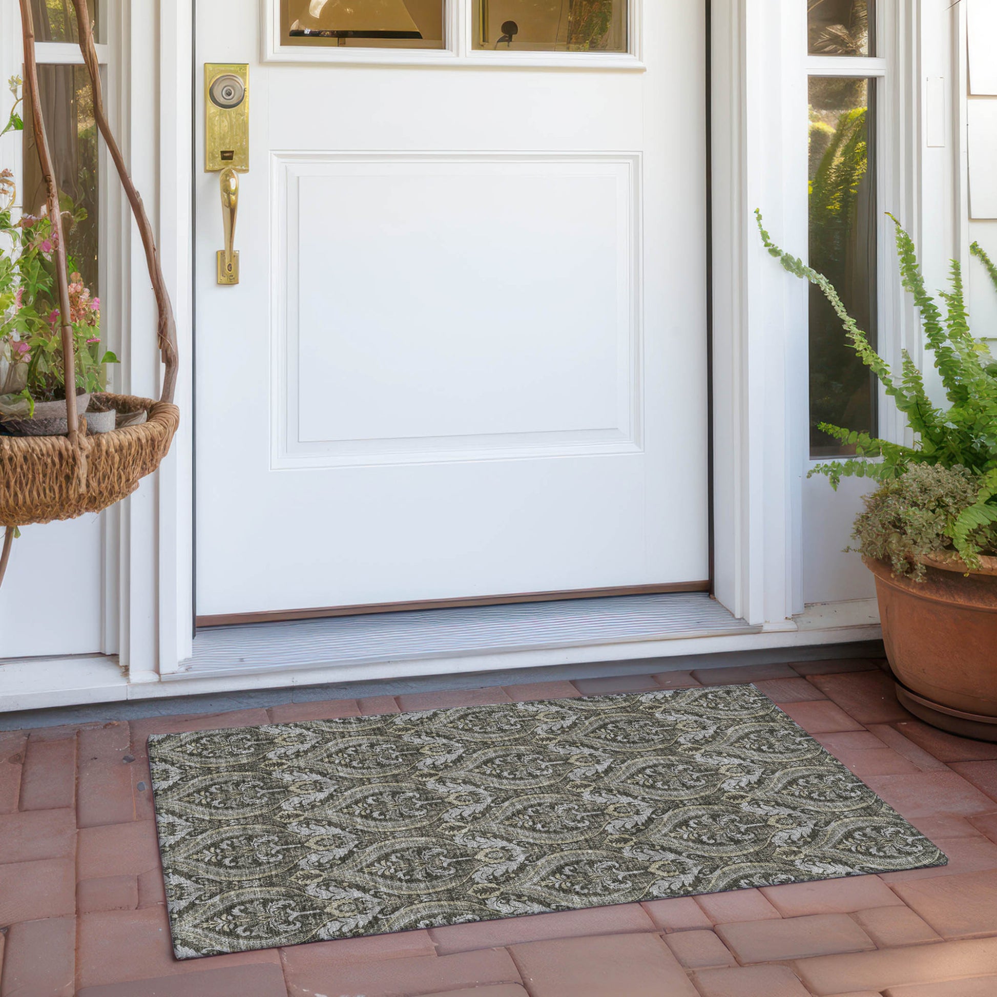 2' X 3' Taupe and Beige Damask Washable Non Skid Indoor Outdoor Area Rug-7