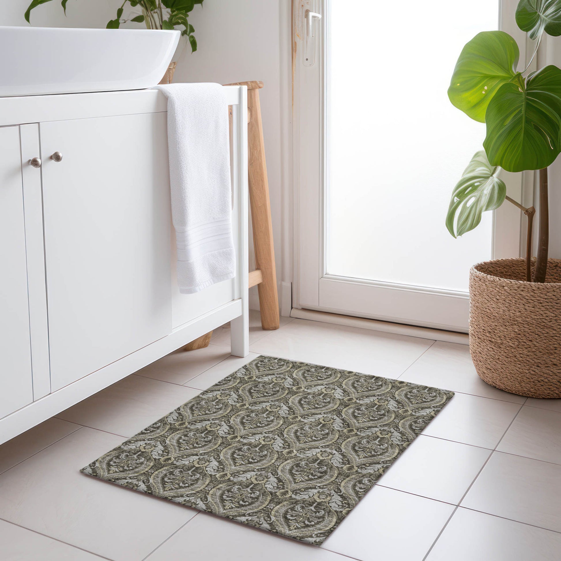 2' X 3' Taupe and Beige Damask Washable Non Skid Indoor Outdoor Area Rug-8