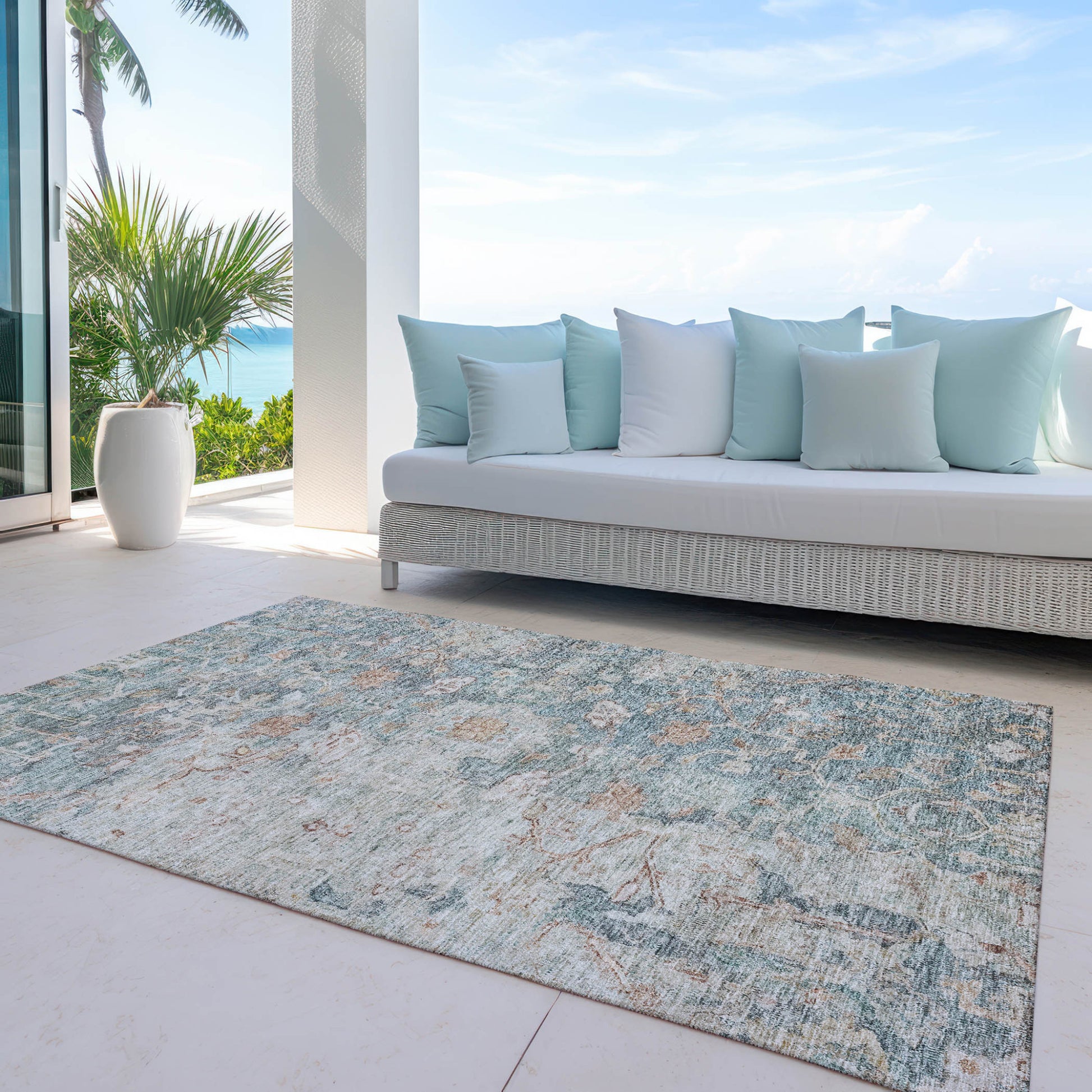3' X 5' Green Blue And Gray Oriental Washable Indoor Outdoor Area Rug-5