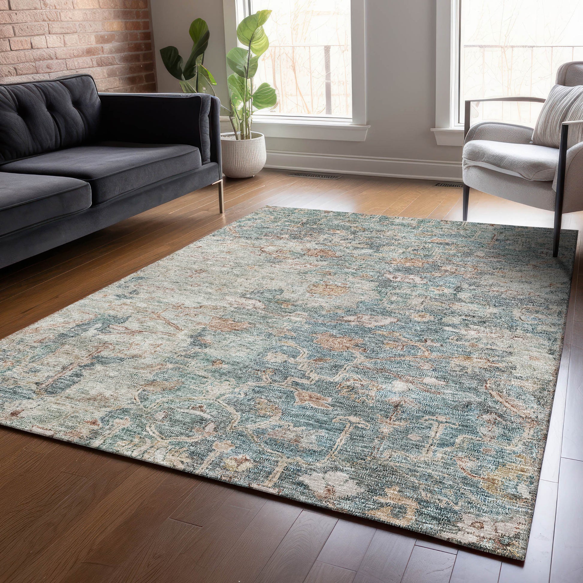 3' X 5' Green Blue And Gray Oriental Washable Indoor Outdoor Area Rug-6