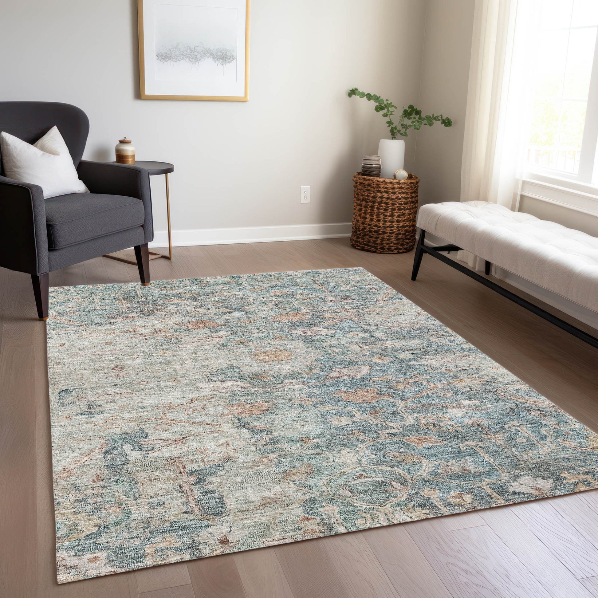 3' X 5' Green Blue And Gray Oriental Washable Indoor Outdoor Area Rug-7