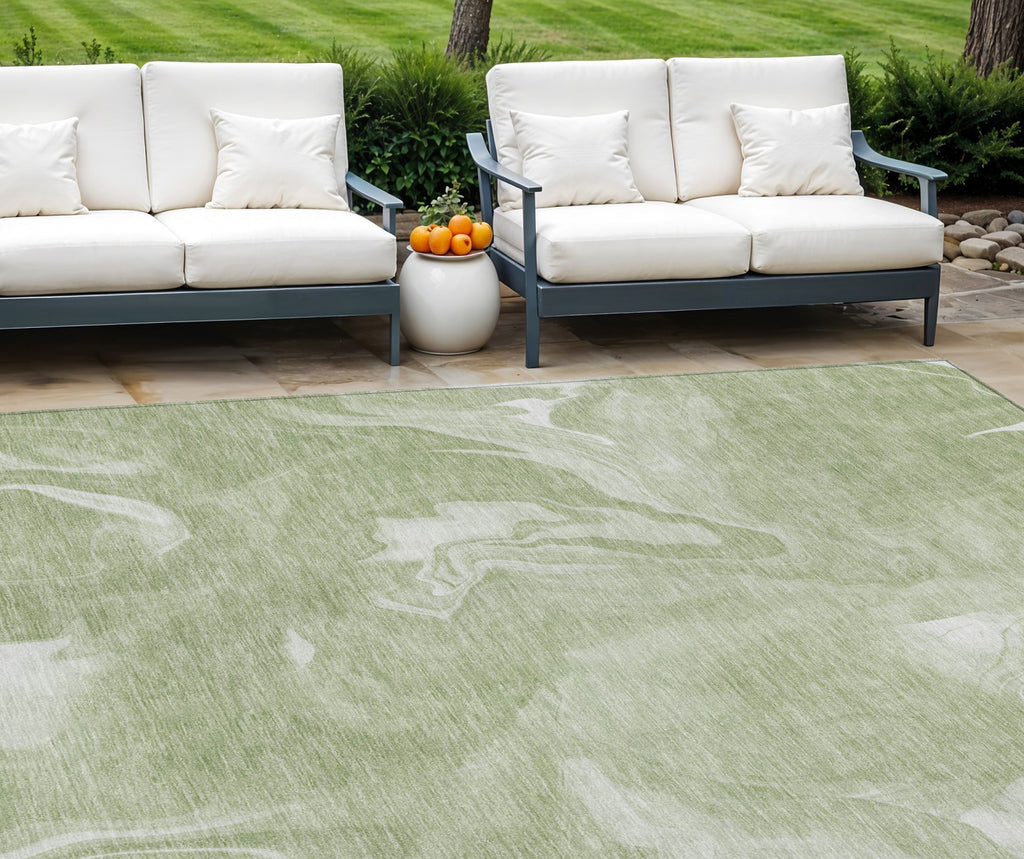 9' X 12' Artichoke Green Fern Green And Ivory Abstract Washable Indoor Outdoor Area Rug-0