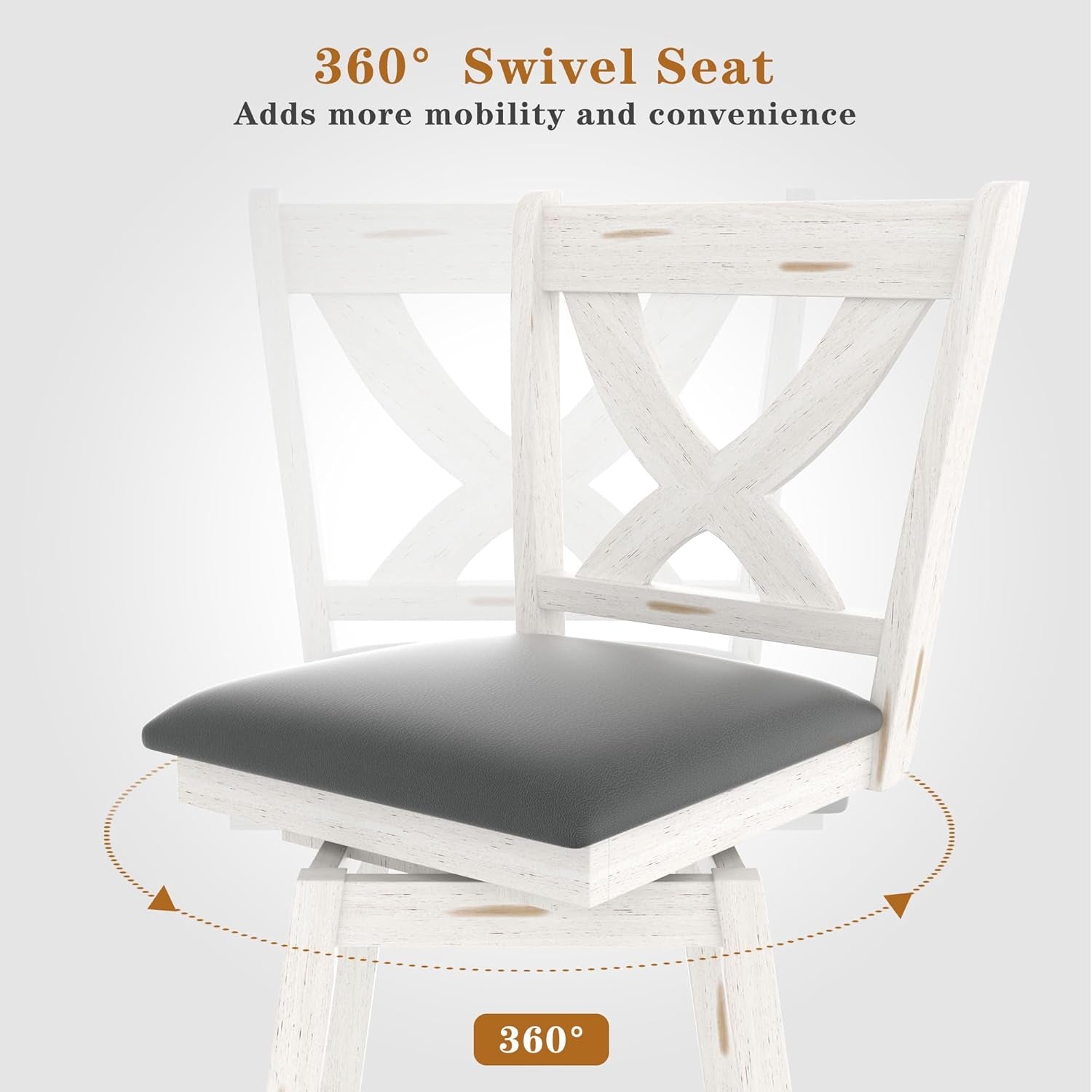 29" Swivel Bar Height Stools, High Back Swivel Bar Stools with Grey Faux Leather Upholstered Seat & Solid Wood Footrest, Counter Bar Chairs for Kitchen Island & Pub (Antique White, Set of 2)-3