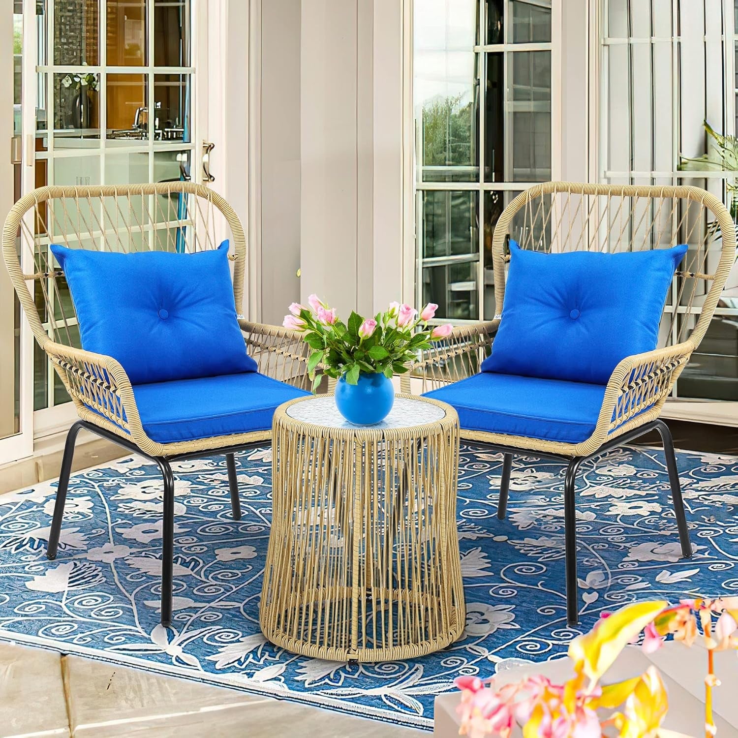 3-Piece Outdoor Patio Furniture Wicker Bistro Set, All-Weather Rattan Conversation Chairs for Backyard, Balcony and Deck with Soft Cushions, Glass Side Table (Light Brown+Navy Blue)-1