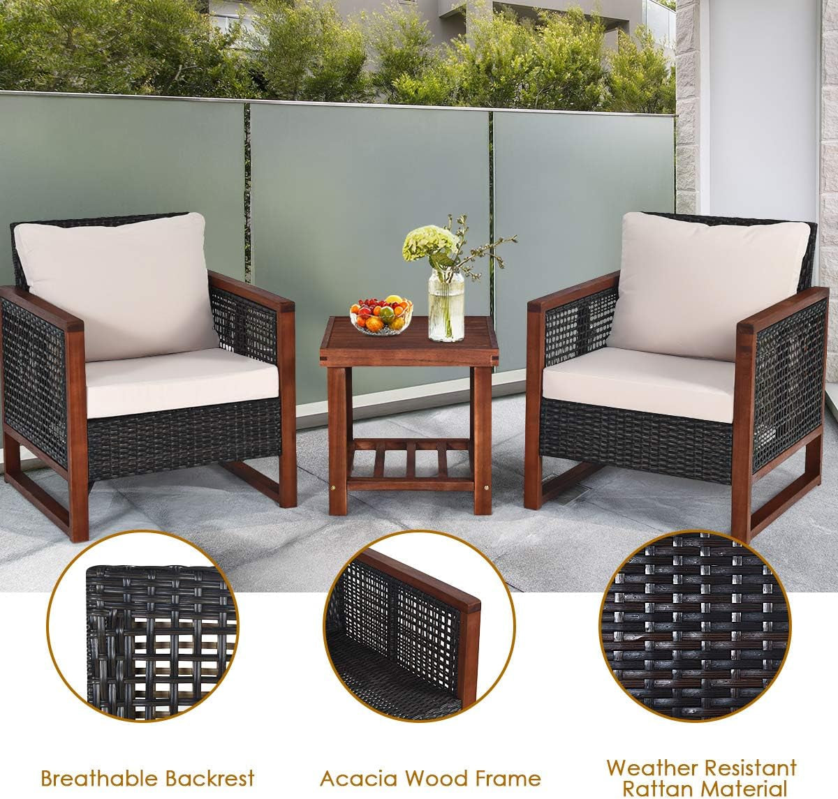 3 Pieces Outdoor Patio Furniture Set Wicker Chairs with Coffee Table, Balcony Porch Furniture Bistro Set with Wood Frame and Washable Cushions for Garden Poolside Backyard-3