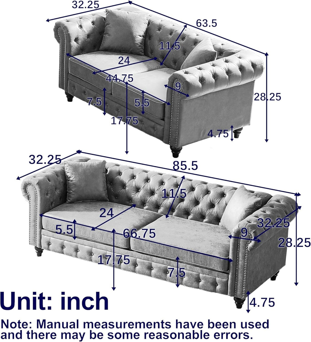 2-Piece Tech Fabric Upholstered Living Room Sofa Set, Including 3-Seater Sofa and Loveseat with Button and Copper Nail on Arms, Four Pillows Included, Grey-1