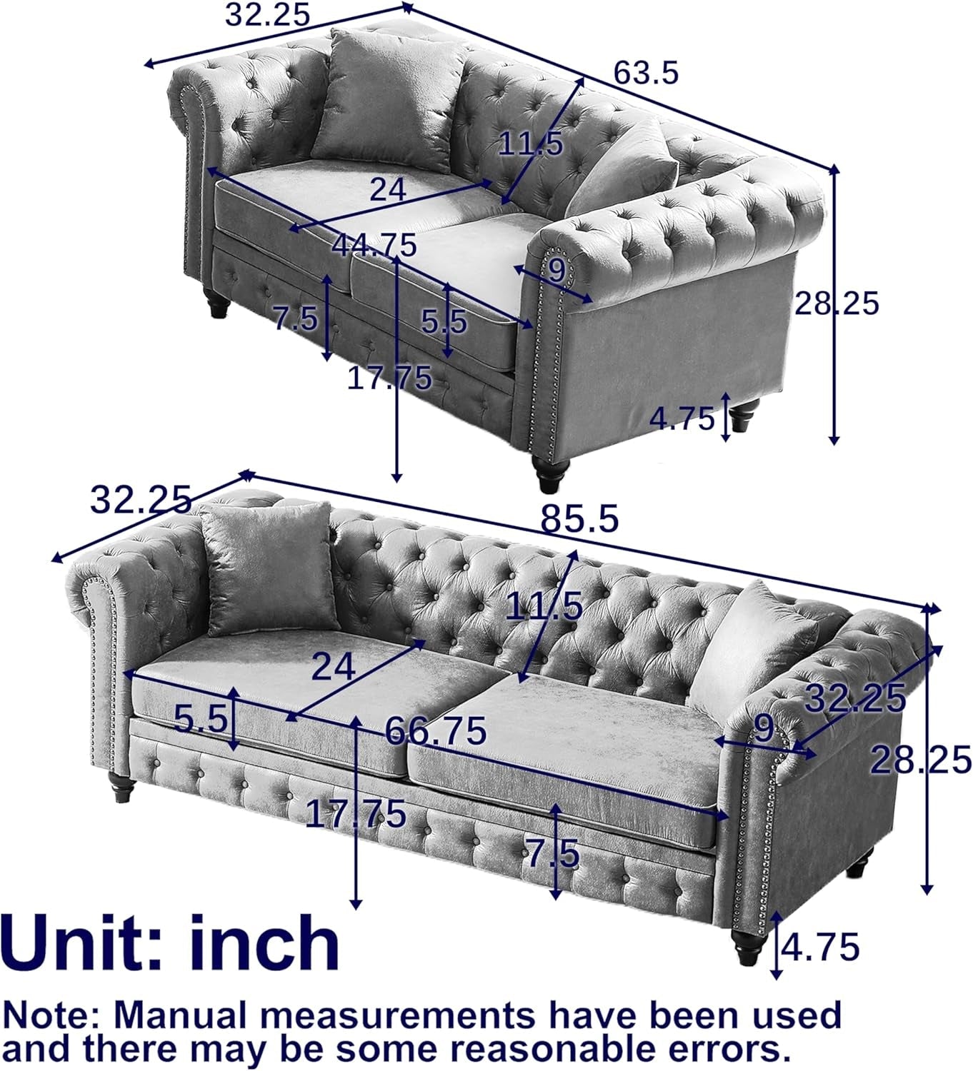 2-Piece Tech Fabric Upholstered Living Room Sofa Set, Including 3-Seater Sofa and Loveseat with Button and Copper Nail on Arms, Four Pillows Included, Grey-1