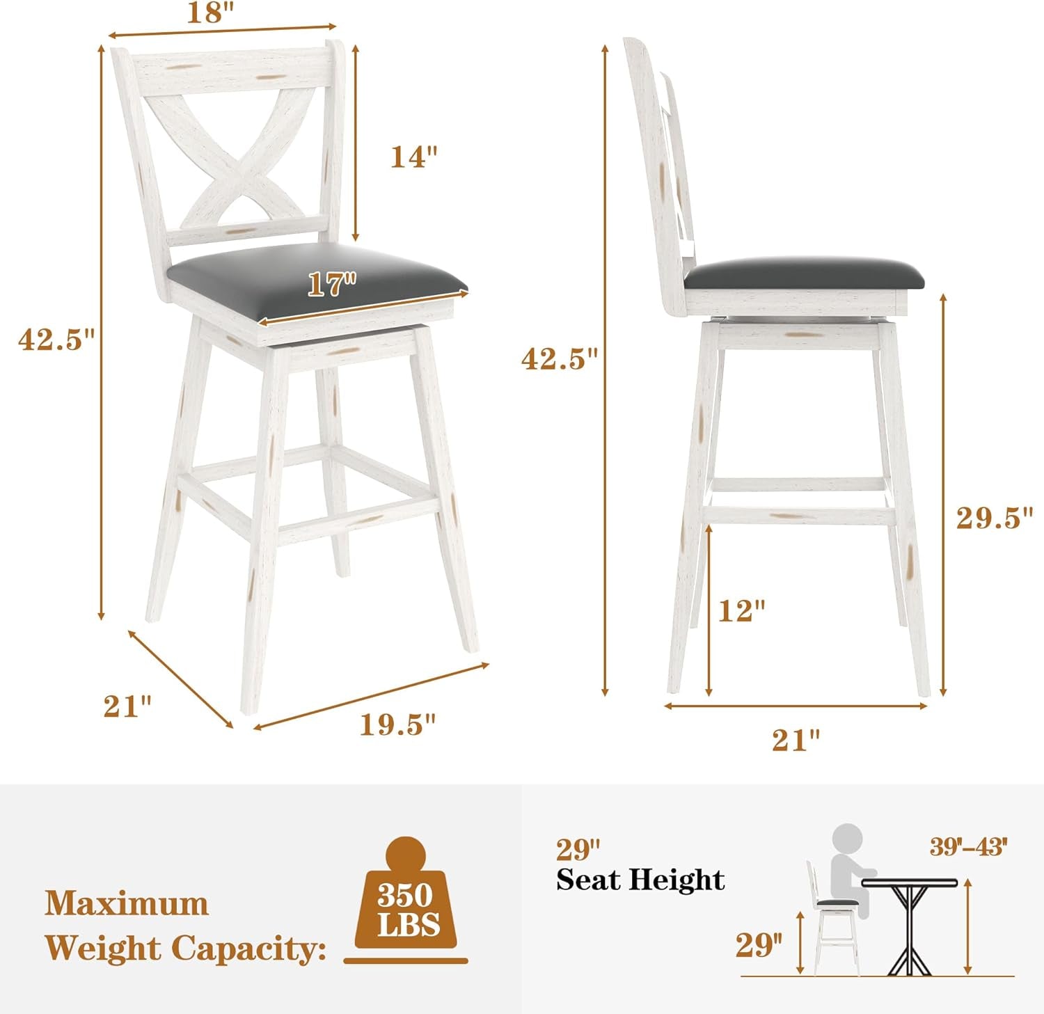 29" Swivel Bar Height Stools, High Back Swivel Bar Stools with Grey Faux Leather Upholstered Seat & Solid Wood Footrest, Counter Bar Chairs for Kitchen Island & Pub (Antique White, Set of 2)-1