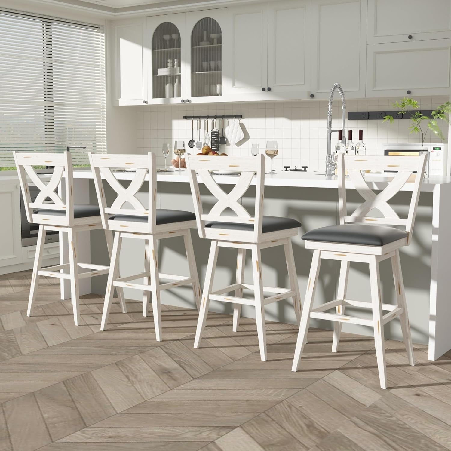 29" Swivel Bar Height Stools, High Back Swivel Bar Stools with Grey Faux Leather Upholstered Seat & Solid Wood Footrest, Counter Bar Chairs for Kitchen Island & Pub (Antique White, Set of 2)-2